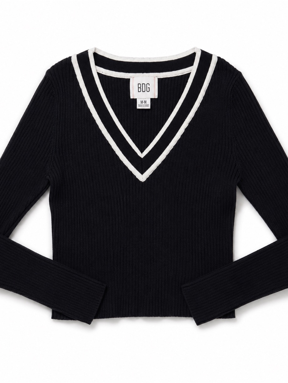 BDG Black Ribbed V-Neck Long-Sleeve Sweater with Cream Trim - Picture 3 of 6
